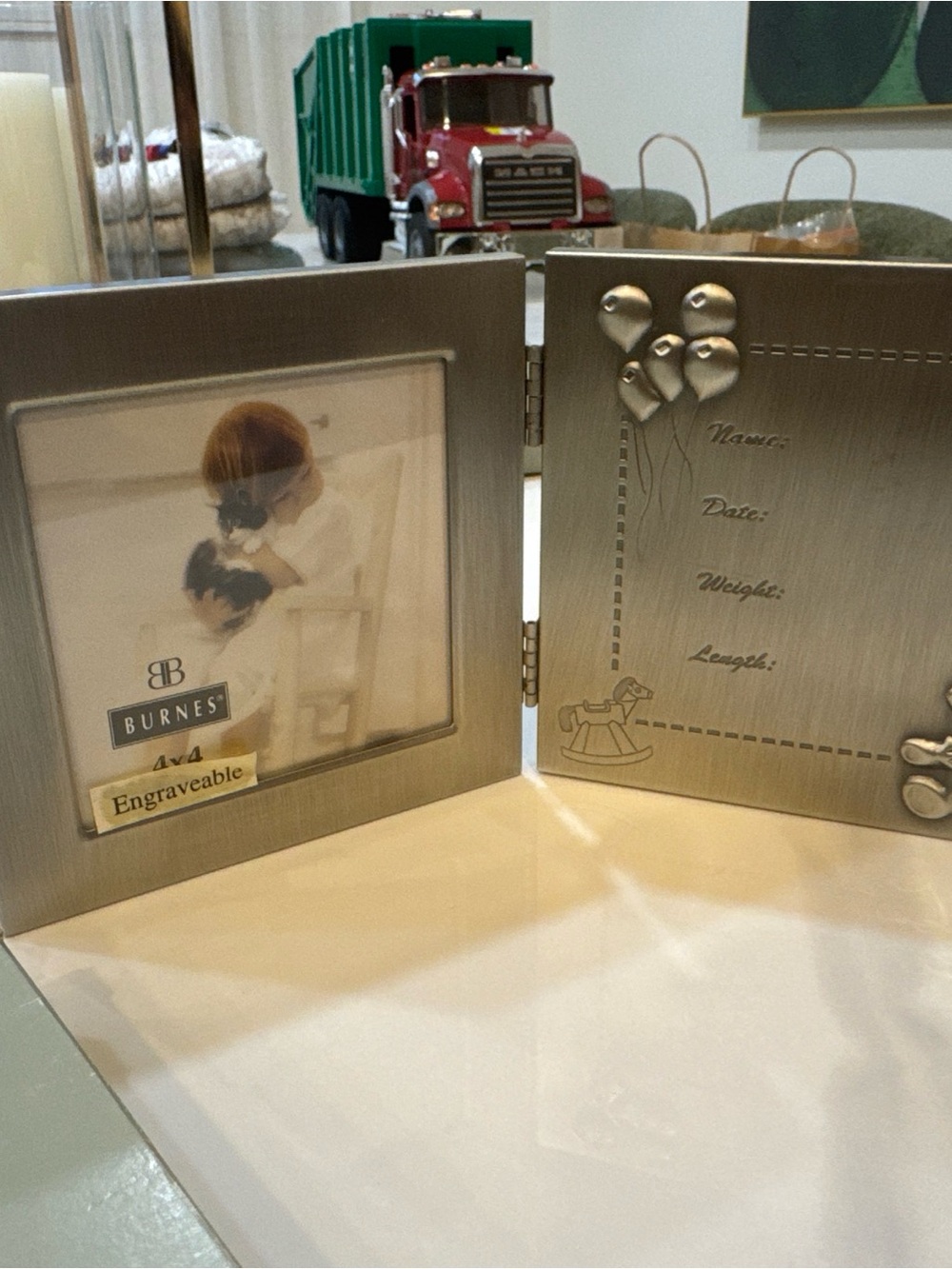 Burned 4x4” Pewter Engravable Hinged Kids Picture Frame